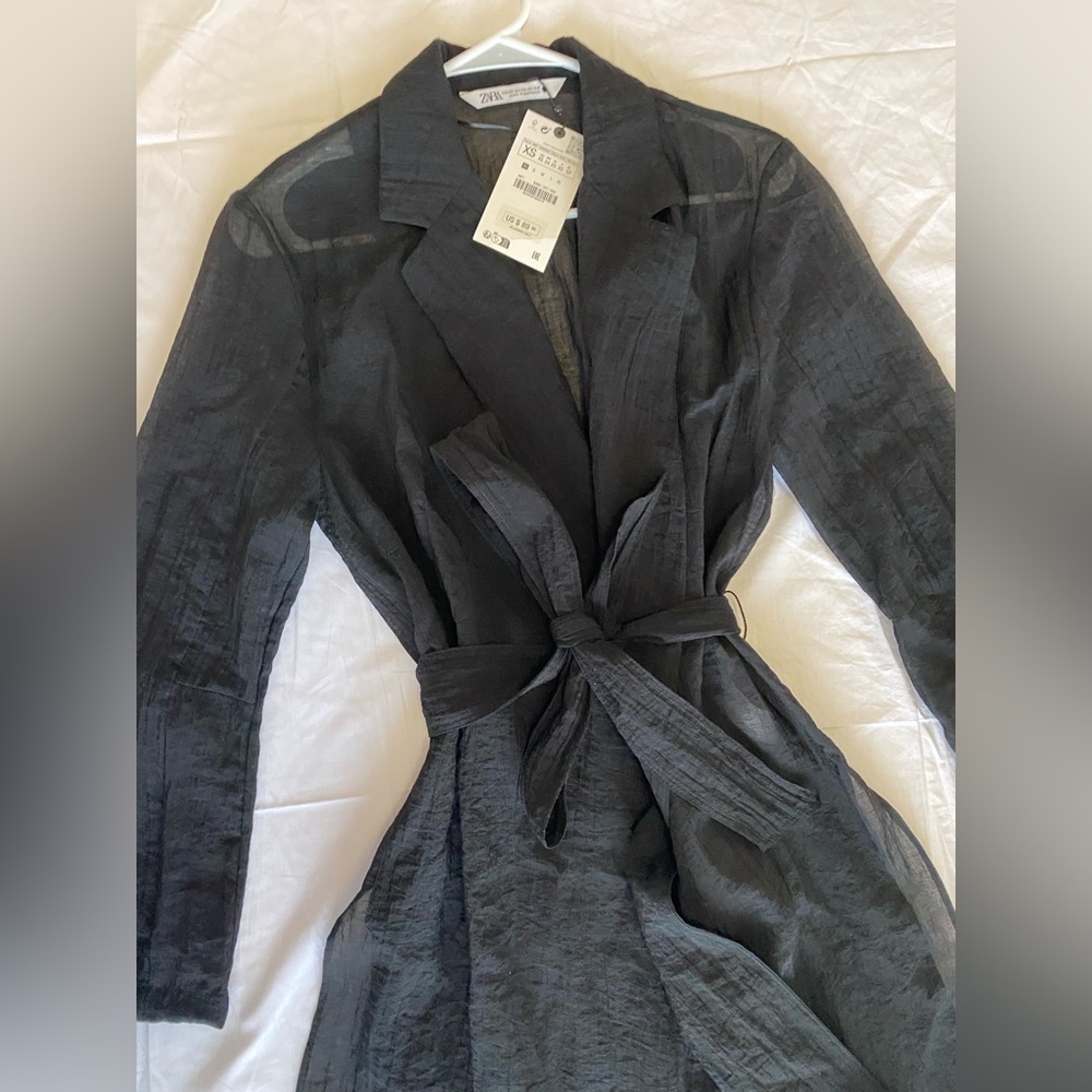 Zara Black Semi-sheer Minimalist Belted Blouse Relaxed long sleeves belt XS NWT - Picture 10 of 16